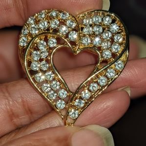 Vintage Golden Heart Brooch with Rhinestones